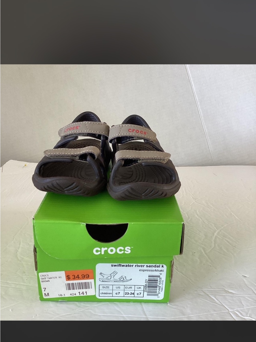 CROCS Kids Closed-Toe Sandals in Espresso and Khaki size 7C